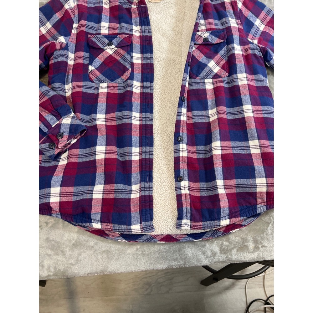 Boston Traders Mens Sherpa Lined Plaid Flannel Hooded Shirt Jacket Red Blue L - Picture 5 of 14